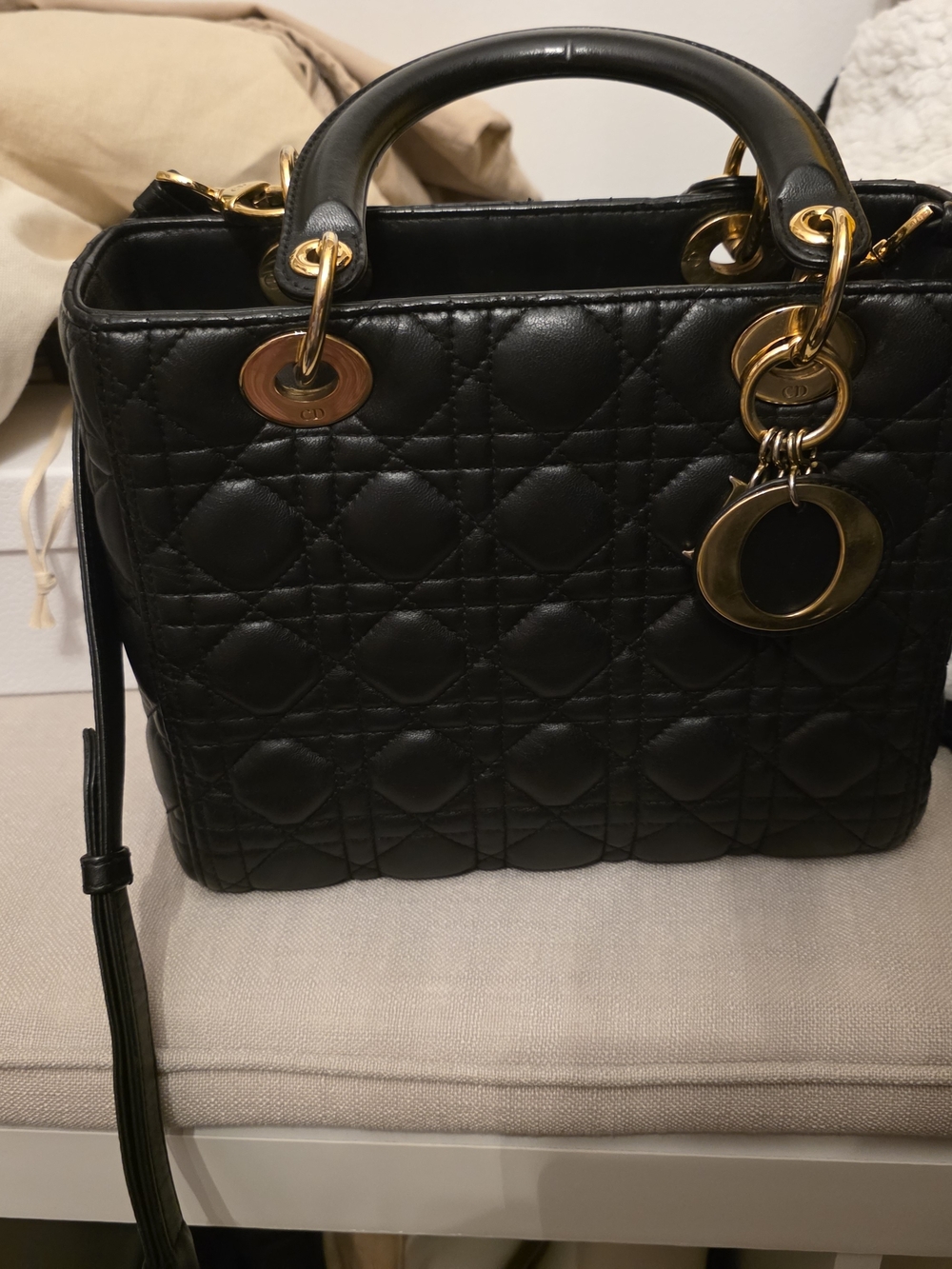 Lady Dior Medium Black Leather Crossbody with Red Interior Vintage